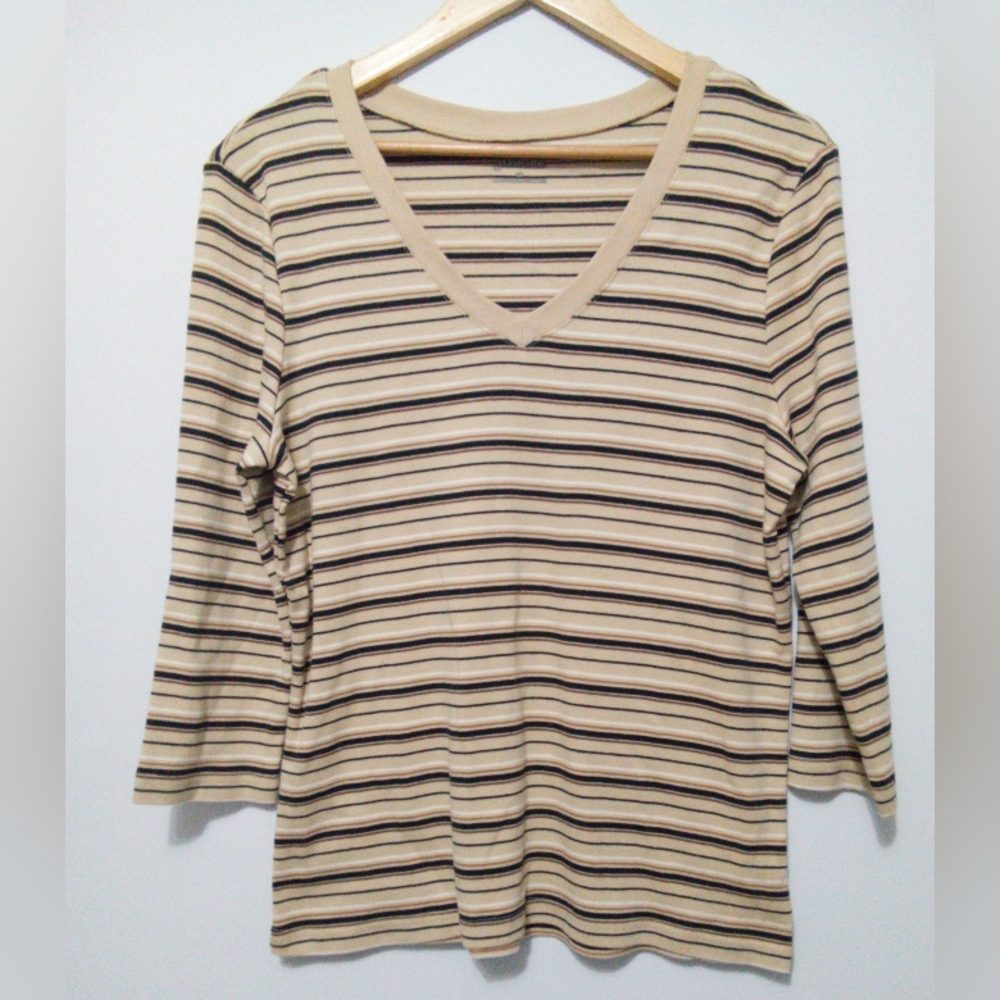 St. John's Bay Striped V-Neck 3/4 Sleeve Top - Beige/Navy - Size L